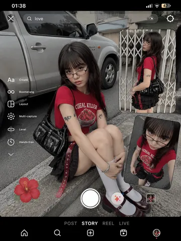 Instagram-style photo collage of a woman in Y2K fashion sitting on a street curb.