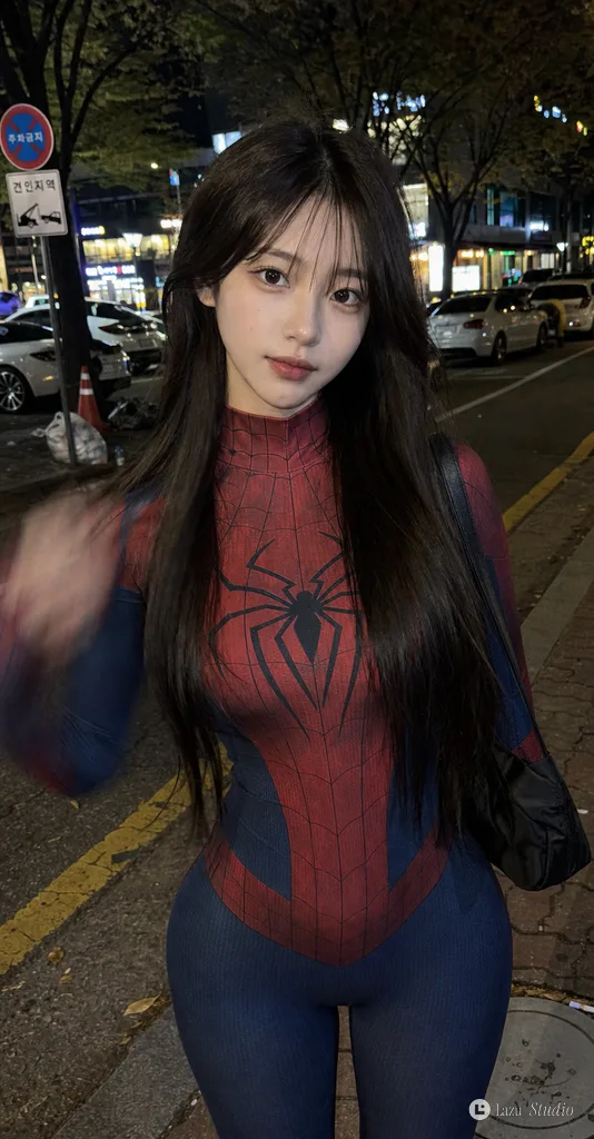 Night portrait of a young woman standing on a city sidewalk.
