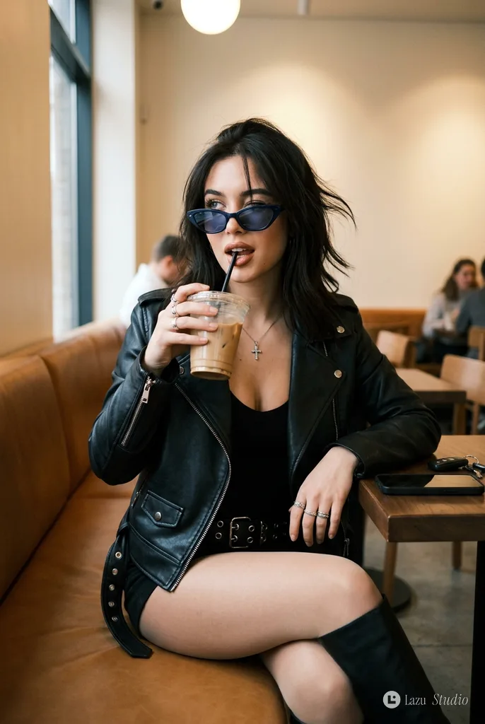 サングラスをかけ、カフェの席でストローからアイスコーヒーを飲むスタイリッシュな女性。