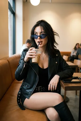 Young woman wearing dark sunglasses sipping an iced coffee through a straw at a cozy café bench.