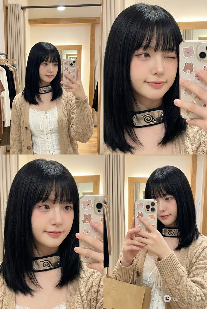 A four-panel grid showing mirror selfies of a woman with bangs wearing a beige cardigan.