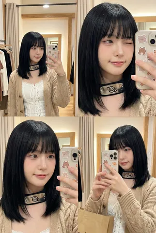 A four-panel grid showing mirror selfies of a woman with bangs wearing a beige cardigan.