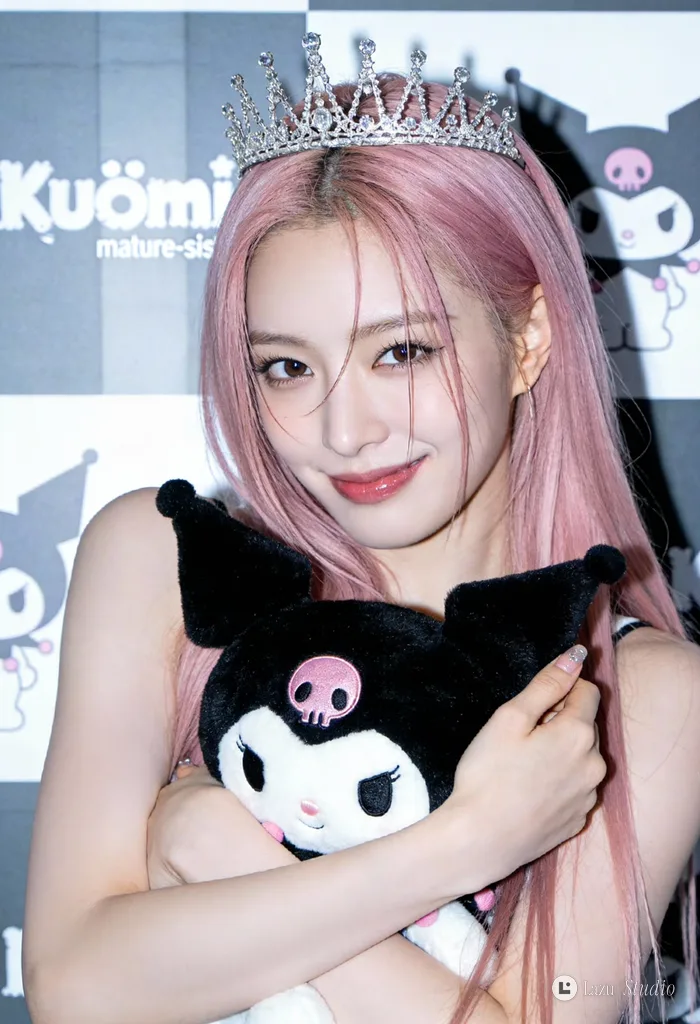 A young woman with long pastel pink hair posing with a black Kuromi plush toy.