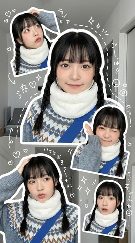 Sticker-style collage of five selfies of a young woman with braided hair and winter styling.