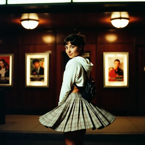 Young woman in a pleated plaid skirt spinning with motion blur outside a warm-lit cinema at night.