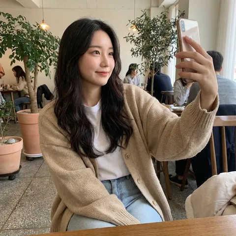Candid smartphone selfie of a young Korean woman with long dark hair and natural makeup.