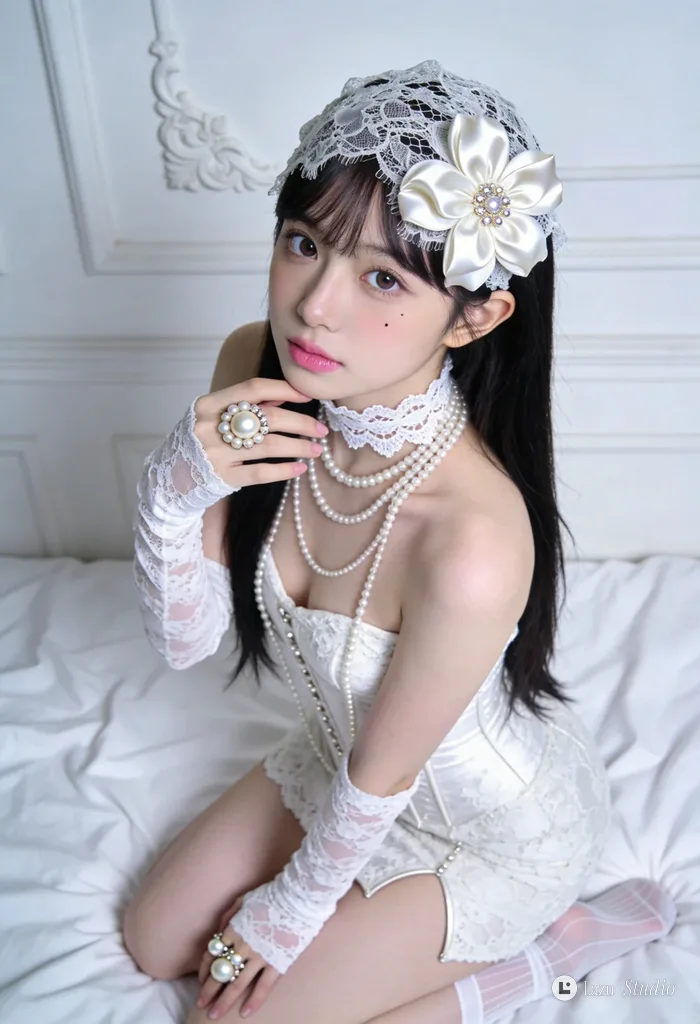 A woman in an ornate white lace dress and pearl accessories kneeling on a white bed.