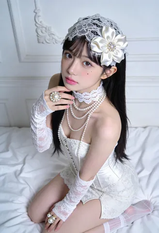 A woman in an ornate white lace dress and pearl accessories kneeling on a white bed.