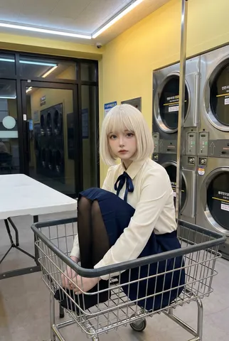 A platinum-blonde cosplayer seated inside a metal laundry cart in a laundromat.