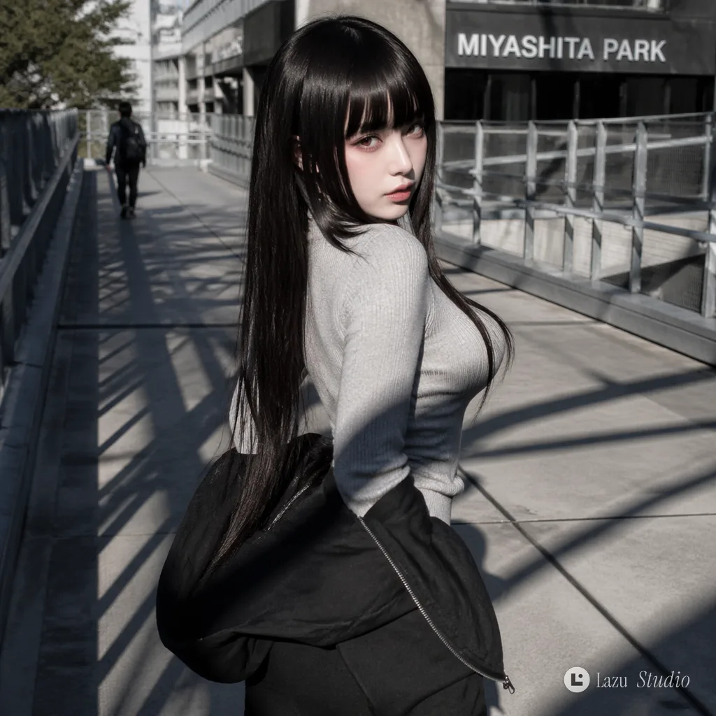 Young East Asian woman with straight black hime bangs looking directly at the camera