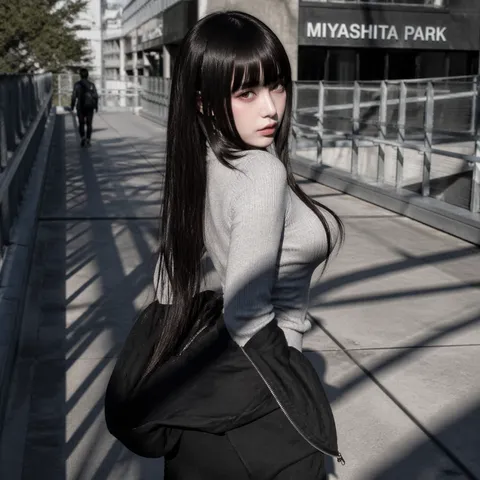 Young East Asian woman with straight black hime bangs looking directly at the camera