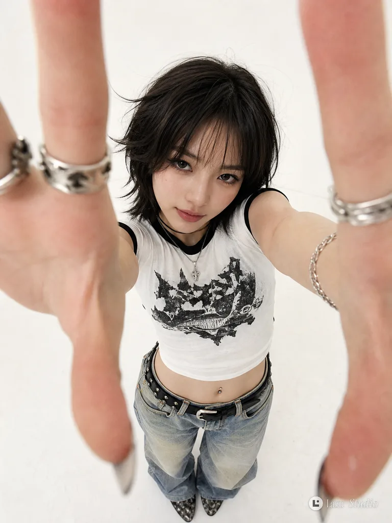 Wide-angle portrait of a woman reaching both hands toward the camera in a white studio.