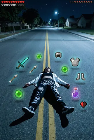 A person lying flat on an empty asphalt road at night with floating pixelated loot items.