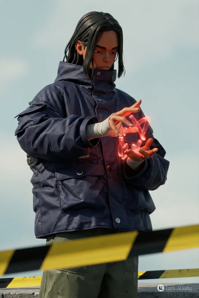 Cinematic 3D render of a fashionable character with dramatic lighting.