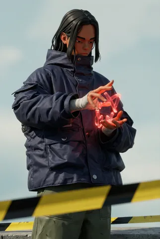 Cinematic 3D render of a fashionable character with dramatic lighting.