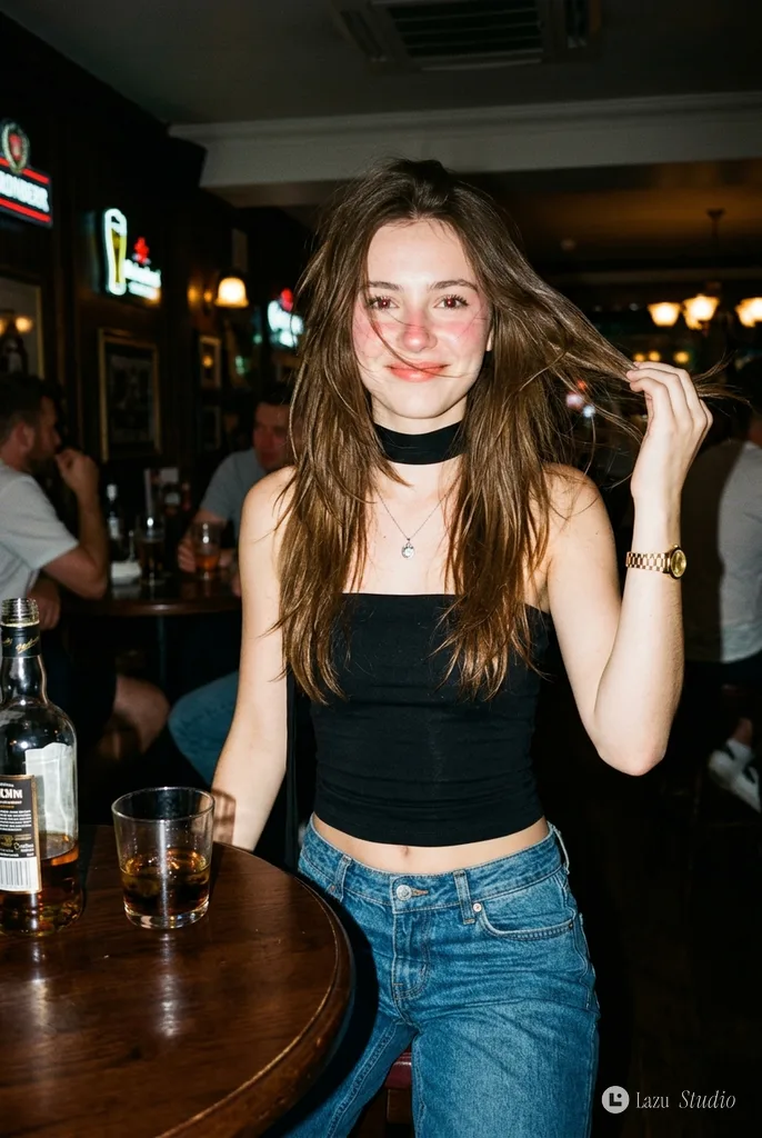Flash photograph of a smiling young woman tossing her hair in a modern pub.