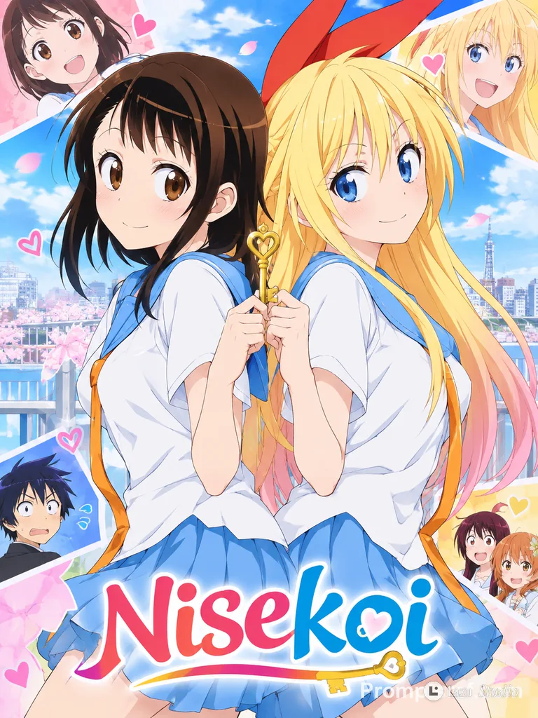 Two anime heroines standing back to back holding small metallic keys in a bright promotional art style.