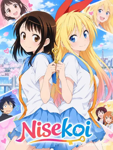 Two anime heroines standing back to back holding small metallic keys in a bright promotional art style.