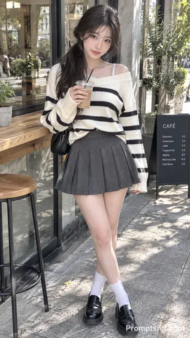 Young Japanese woman in autumn fashion standing outside a modern glass cafe