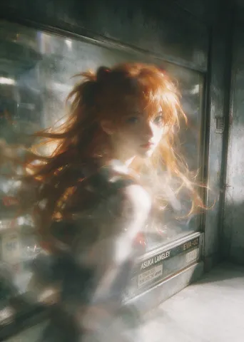 Soft-focus retro film portrait of an anime girl with red-orange hair.