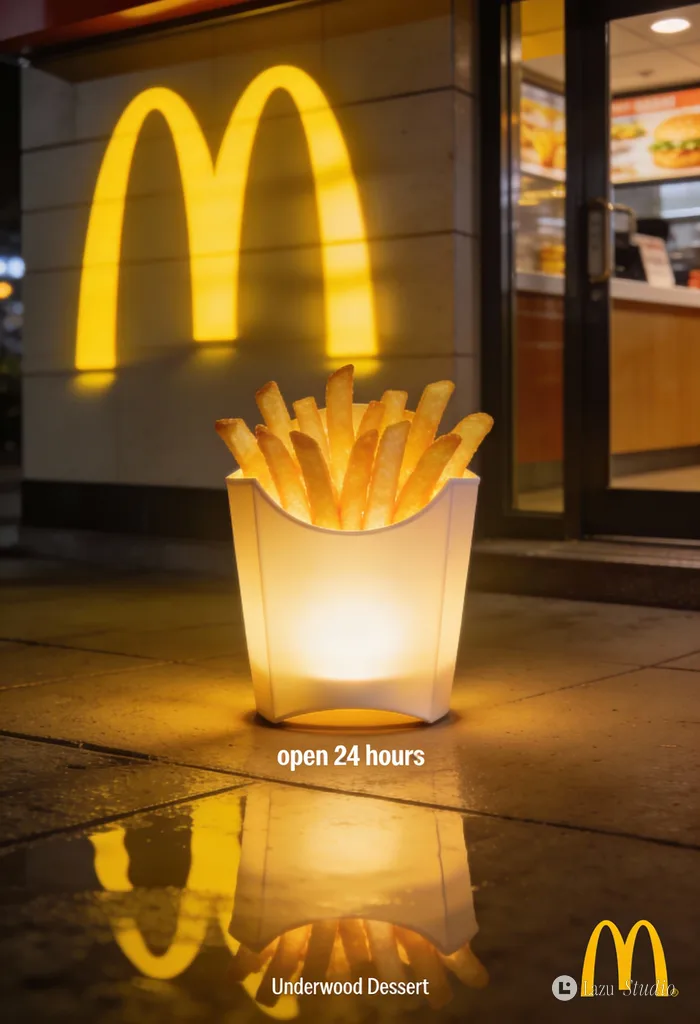 A McDonald's french fry box plugged into a wall outlet like a glowing nightlight.