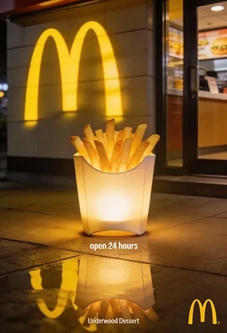 A McDonald's french fry box plugged into a wall outlet like a glowing nightlight.
