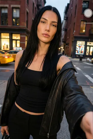 Tall woman with dark straight hair in a black outfit posing for a night selfie in SoHo.