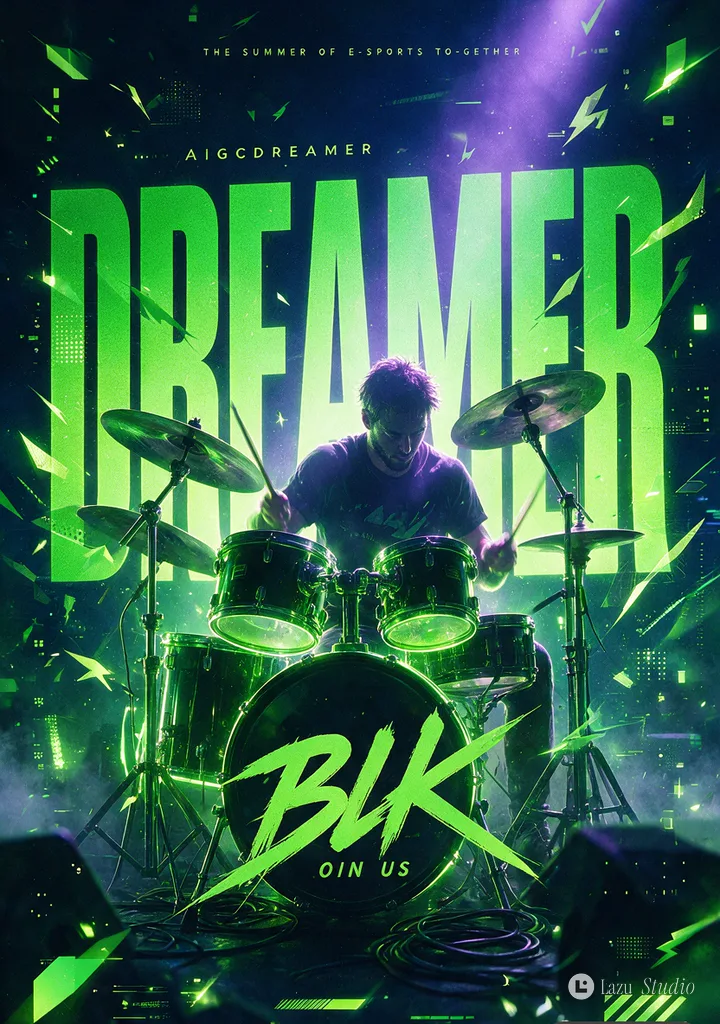 Cyberpunk esports poster of a berserker playing drums under neon green lights and typography.
