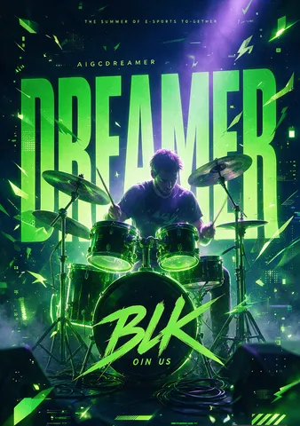 Cyberpunk esports poster of a berserker playing drums under neon green lights and typography.