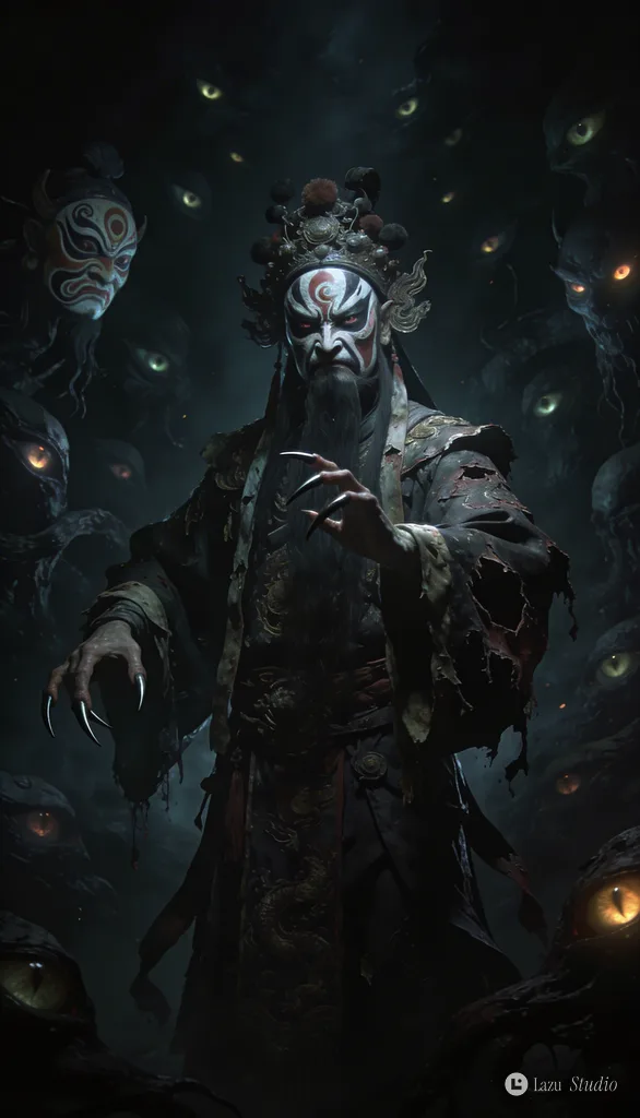 身著京劇戲服、面容詭異的戲魔隱藏在昏暗陰影之中。