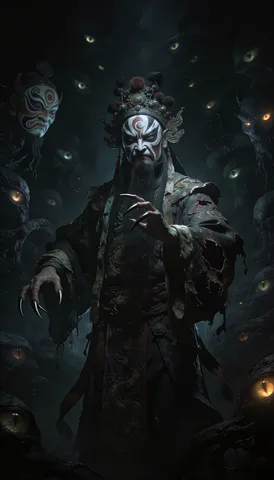 身着京剧戏服、面容诡异的戏魔隐藏在昏暗阴影之中。