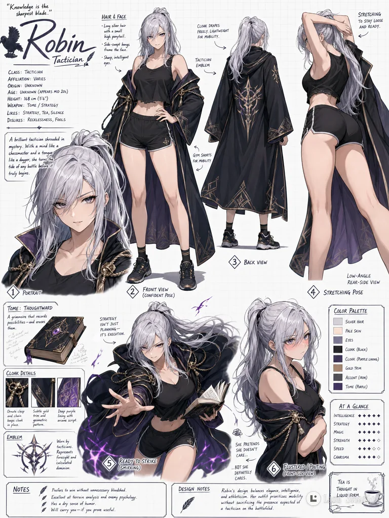 Character design sheet of a white-haired tactician in workout clothes and a cloak in multiple poses on grid paper.