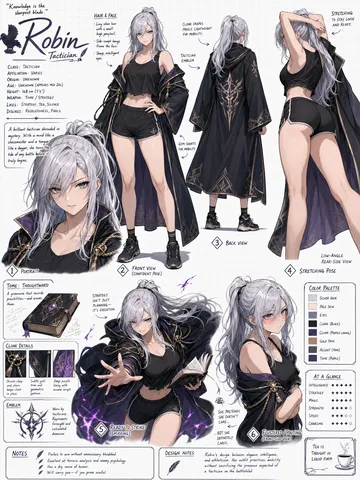 Character design sheet of a white-haired tactician in workout clothes and a cloak in multiple poses on grid paper.