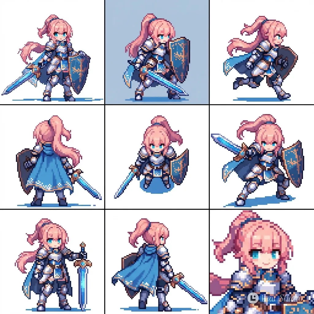 A nine-panel grid presenting a character in varied poses and perspectives.