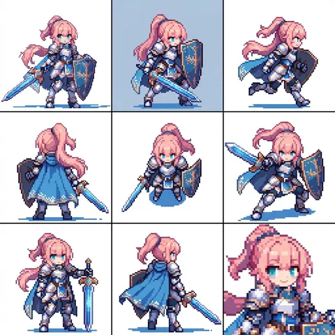A nine-panel grid presenting a character in varied poses and perspectives.