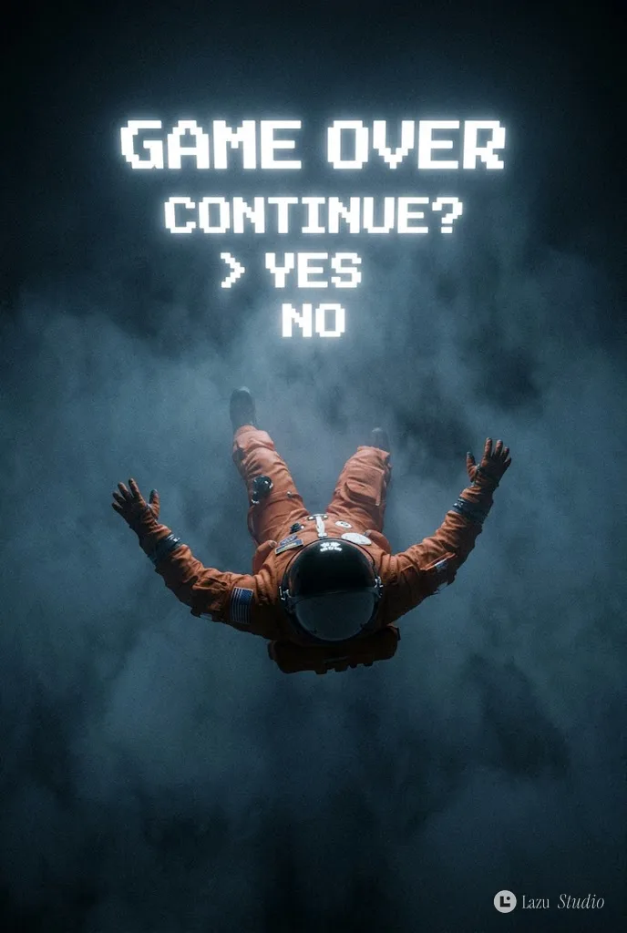 High-angle view of an astronaut in an orange suit falling into darkness under a glowing 8-bit 'GAME OVER' prompt.