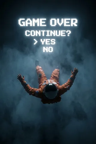High-angle view of an astronaut in an orange suit falling into darkness under a glowing 8-bit 'GAME OVER' prompt.