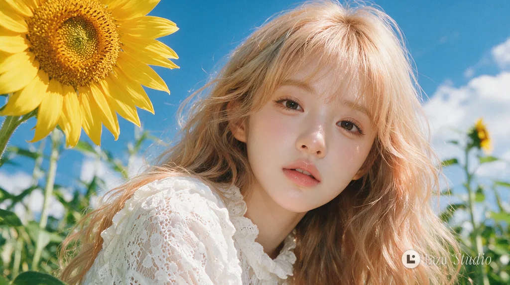 Low-angle portrait of a woman looking at the camera beside a large sunflower.