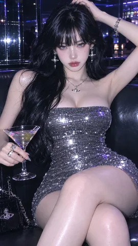 A stylish young woman with silver contact lenses posing in a dimly lit nightclub booth with flash photography.