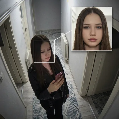 CCTV camera footage showing people with face tracking boxes and a zoomed-in portrait inset.