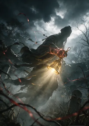 An undead Taoist in tattered robes holding a glowing bell and red threads in the mist.