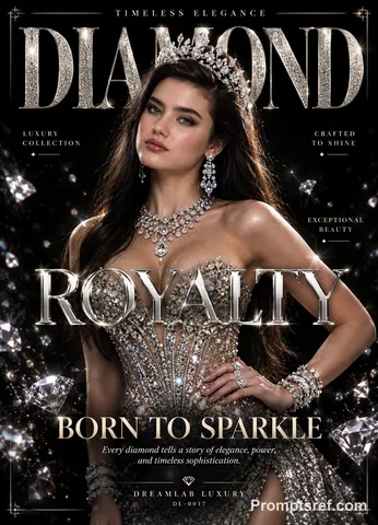 High-fashion model wearing an extravagant diamond gown and crown against a dark background.