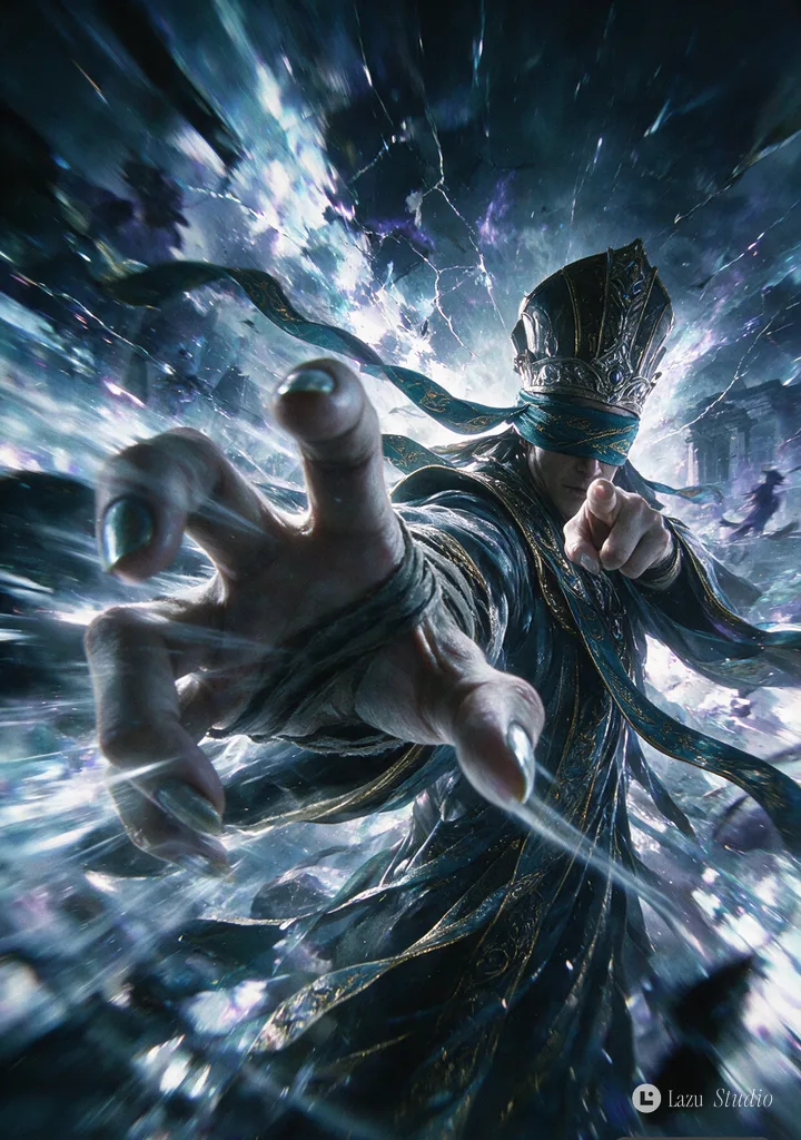 Ethereal high priest reaching an oversized hand toward the viewer in a swirling, cool-toned cinematic space.