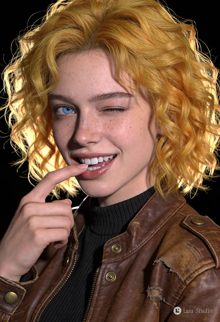 Close-up portrait of a blonde woman winking and playfully biting her finger in a leather jacket.