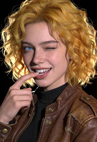 Close-up portrait of a blonde woman winking and playfully biting her finger in a leather jacket.