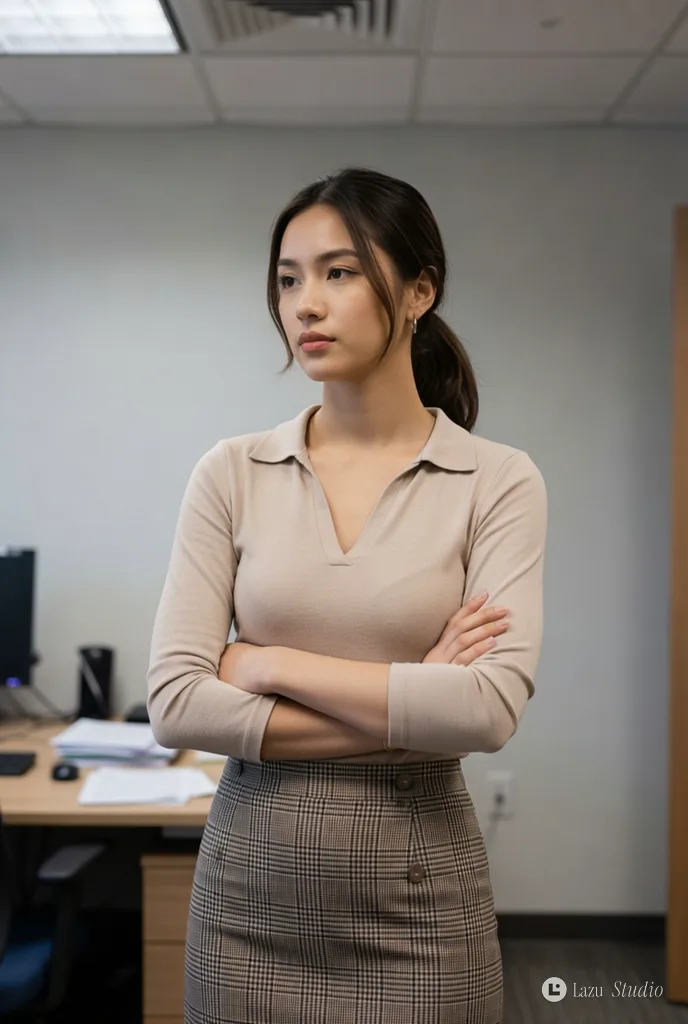 A young office woman in a low ponytail and professional attire standing with arms crossed, gazing thoughtfully aside.