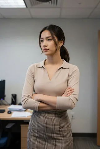 A young office woman in a low ponytail and professional attire standing with arms crossed, gazing thoughtfully aside.