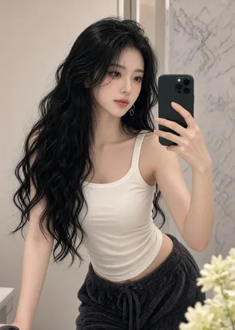 Woman in an ivory tank top leaning forward to take a mirror selfie with long dark wavy hair.