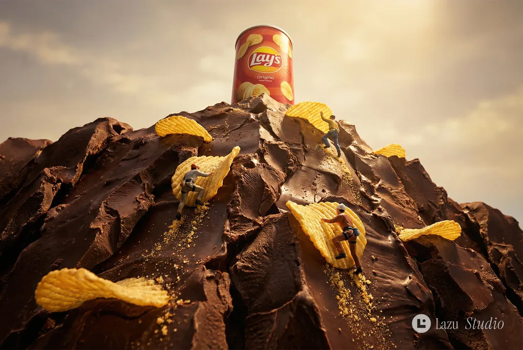 Miniature climbers ascending a chocolate cliff dotted with potato chips next to a chip can.