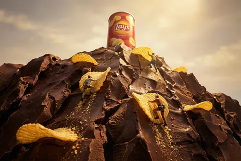 Miniature climbers ascending a chocolate cliff dotted with potato chips next to a chip can.